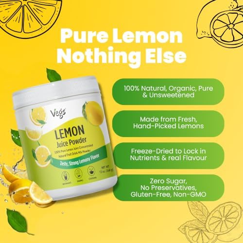 Vegs Lemon Juice Powder - Freeze Dried Organic Lemon Juice Concentrated Instant Powder with Natural Vitamin C & Electrolytes for Hydration, Beverages, Lemonade, Cooking, Flavoring, Sugar Free - 13 oz — view 5