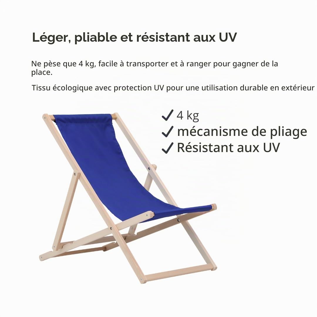 BAS Chaise Longue Pliante en Bois - Lot de 2 Transates de Plage Chaise Blue - Chilienne Pliante - Chaise Longue Jardin Relax Pliable pour Balcon, Plage, terrasse et Camping