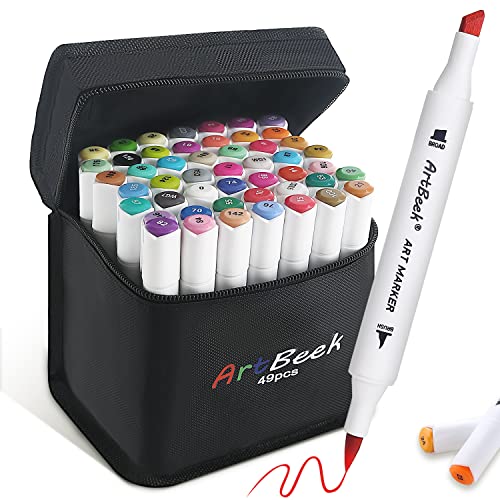 Artbeek Alcohol Markers Brush Tip, Double Tipped Art Marker Set For Artist Adults Coloring Sketching Drawing Alcohol Based Ink, Brush Chisel Dual Tips, 48 Colors W/ 1 Blender And Case #TOP5