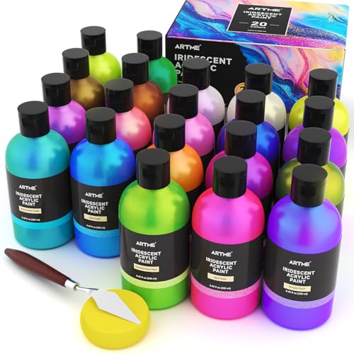 ARTME Iridescent Acrylic Paint Set 20 Chameleon Colors in 8.45 oz/250ml Bottles Large Bulk Color-shifting Acrylic Paint Perfect for Artists Beginners on Canvas Rocks Wood Fabric with Paint Knife