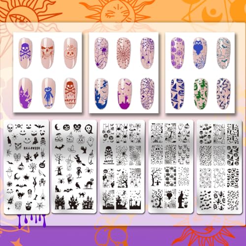 PH PandaHall 5pcs Halloween Nagel Stamping Platte, Geisterhexe Nagelschablonen Totenkopf Kürbis Nagelstempel Nail Art Stamping Platte Edelstahl Druck Nagelschablonen für Nail Art Design Maniküre Salon