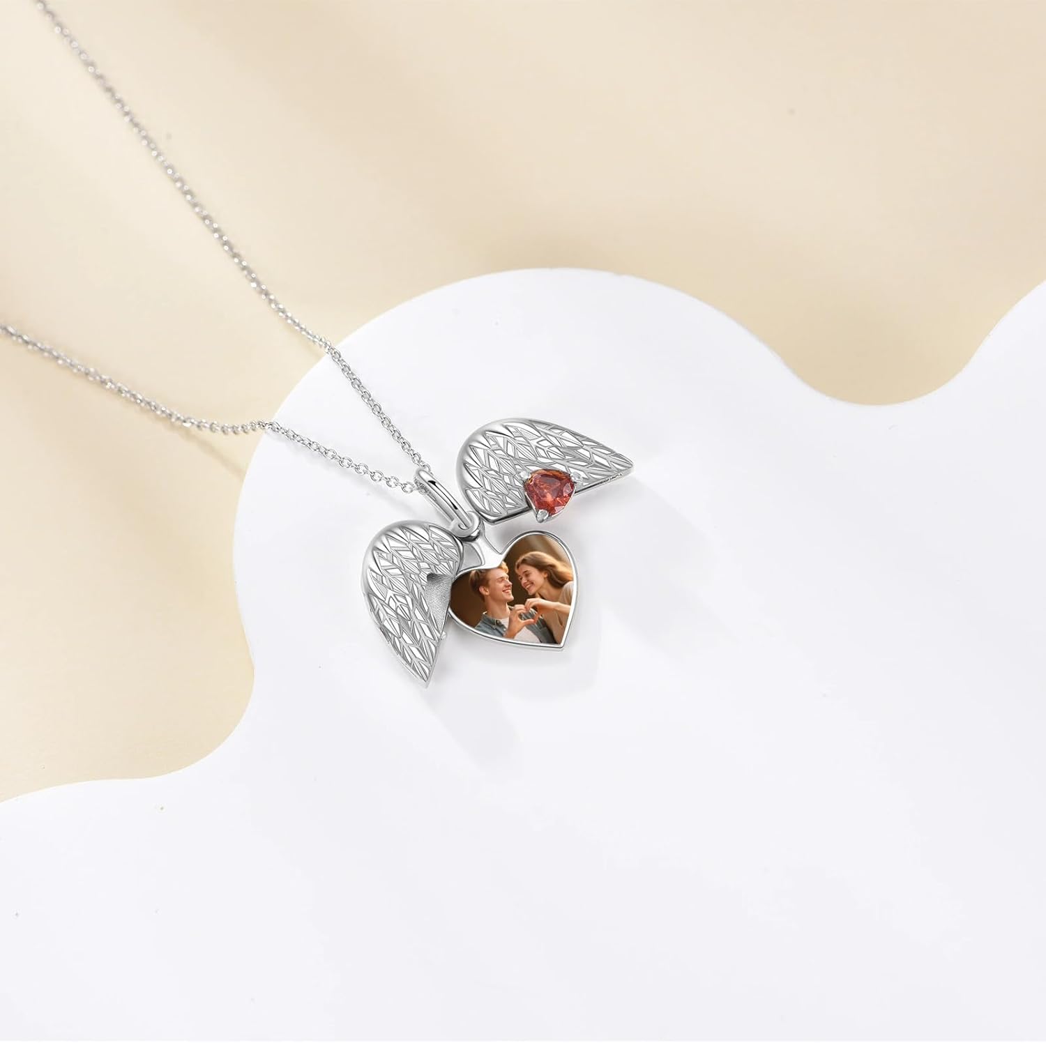 Photo Locket Necklace for Women 925 Sterling Silver Personalized Ruby Angel Wing Photo Necklace Gift for Grandma Mom Her - Image 2