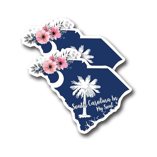 South Carolina in My Soul Sticker - Fun SC State Map Floral Design SC Pride Sticker - Premium Quality Vinyl Bumper Stickers 2-Pack | 5-Inch on Widest Side | Made in USA - FHJ873
