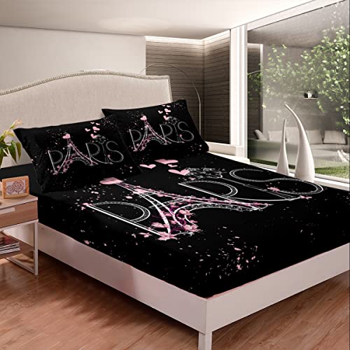 Eiffel Tower Fitted Sheet Chic Paris Bedding Set Romantic Theme Bed Sheet Set For Boys Girls Kids Teens Black Pink Bedroom Decor Modern French Style Bed Cover Bedding Sheet Queen Size 4Pcs #TOP1