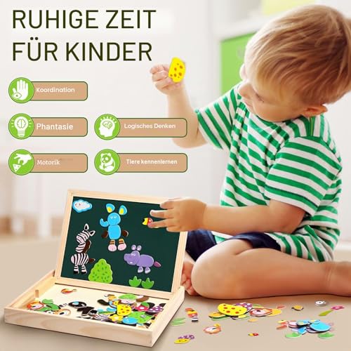 Uping Magnetisches Holzpuzzle 100 Stück, Doppelseitige Magnettafel, Zeichenbrett Farbstifte Kreiden, Wald and Tier Puzzles Spielzeug für ab 3 Jahre