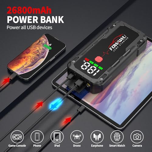 Image of FOWAWU 26800 mAh 7000 A Peak Jump Starter for 12 V Vehicles (12 L Petrol / 10 L Diesel) and Moto, Car Battery Jump Starter Power Pack with Smart Jumper, 5 * 3.5 CM Large Screen and LED Torch