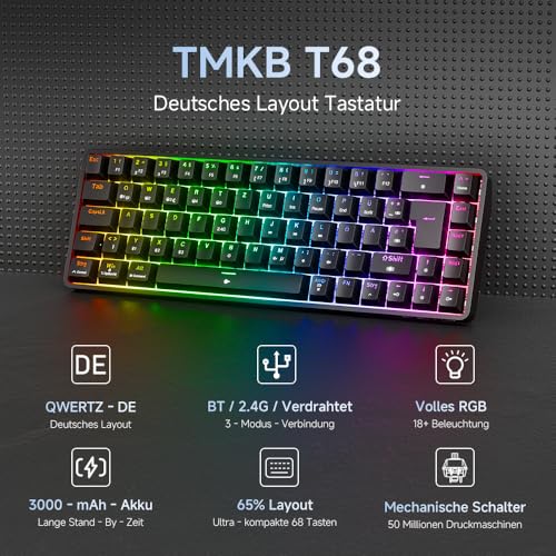 TMKB T68 Gaming Tastatur,60% Kabellos Mechanische RGB Tastatur mit Bluetooth/2.4G/Typ-C,Compact 68 Tasten Anti-Ghosting,Deutsches QWERTZ Layout,Red Linear Switch,Schwarz – Bild 3