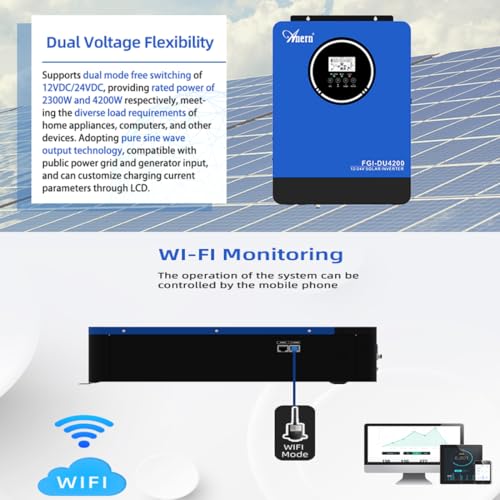 Anern 2KW 4KW Solar Hybrid Wechselrichter DC 12V/24V auf AC 220V/230V Dual Spannungen, netzunabhängiger reiner Sinuswellen-Wechselrichter mit 100A MPPT Solarladegerät, PV 55V-500VDC, BMS-Kommunikation