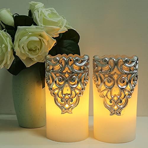 Eldnacele Hollow Vintage Silver Flickering Flameless Candles with 5H Timer, Battery Operated Real Wax Pillar Candle for Wedding Party Home Christmas Decoration, Set of 2