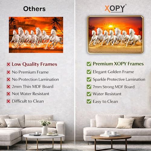 Image of XOPY Seven Running Horses with Golden Frame | Vastu 7 horses Raw Pyrite Painting for Home, Office & Living Room Wall Decore | 12X18 Inch Sparkle Laminated Frame | Best For Gifting (53325, 12X18)