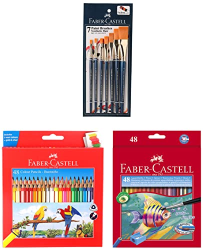 Image of Faber-Castell 48 Triangular Colour Pencils & Paint Brush Set - Flat, Pack of 7 (Navy Blue) & Aquarelle Full Length Water Color Pencils - 48 Shades