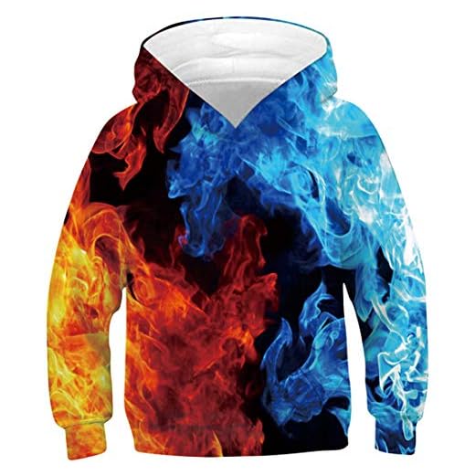 Big Boys Fire Hoodie 3D Flame Print Pullover Youth Casual Blue and Red Smoke Loose Fit Sweatshirts Size 12-14 Teenagers Fashion Long Sleeve Jerseys Girls Round Neck hoodys with Pocket, Fire 12T-14T