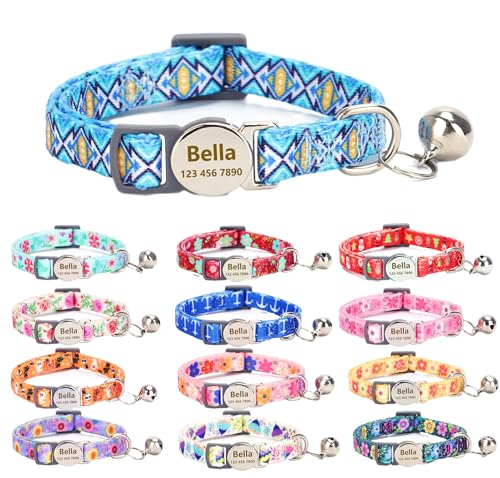 Moonpet Personalisiertes Katzenhalsband mit Namen und Telefonnummer, Katzenhalsband mit Sicherheitsverschluss und glöckchen-Blau kariert