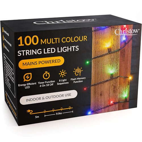 CHRISTOW Christmas Fairy Lights, Multi-Coloured LED String Lighting with Timer, Indoor & Outdoor, Tree Lights, 8 Light Modes Flashing & Static, Green Cable (100 LED / 10m Lit Length)
