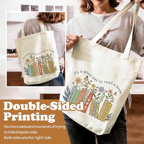 BWTRVL Floral Cute Canvas Book Tote Bag for Women, Perfect Mother's Day Birthday Gift for Book Lovers Women, Friends, Reusable Library Bag Books, Library, Work, Daily Commute - A01