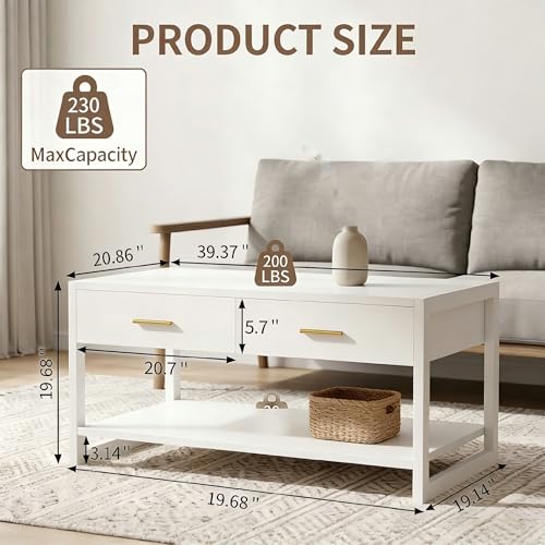 Image of Multi-Functional Coffee Table with Foot-Sensor Light, 2 Large Drawers & Open Shelf, Sturdy Frame Versatile Coffee Table with Vintage Metal Handle for Living Room /Office /Outdoor Patio