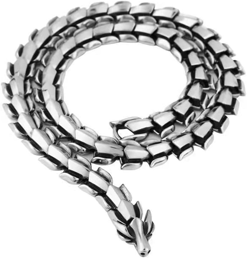 Qiaonitu Heavy Punk Rock Vintage Men's Stainless Steel Viking Dragon Necklace Retro Hiphop Animal Bike Biker Long Chain Necklace Jewelry