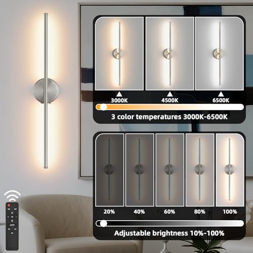 Image of Battery Operated wall Sconce Set of 2, Brushed Nickel 27.5 inch LED USB Rechargeable dimmable wall Sconce with Remote Control, Rotate 350 for Living Room, Bedroom, Hallway and scones Lighting