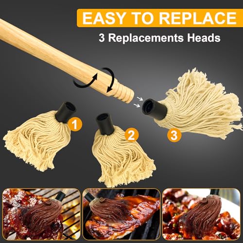 Image of Walfos Basting Brush Silicone and BBQ Mop, Grill Basting Mop with 3 Heads and 2Pcs Pastry Brushes, Wooden Long Handle, Heat Resistant for Grilling, Smoking Steak, Kitchen Cooking (18 inch）