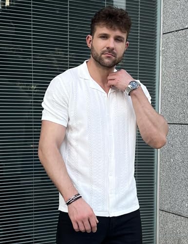 COOFANDY Men's Knit Shirts Vintage Short Sleeve Button Down Shirt Casual Summer Beach Shirt2