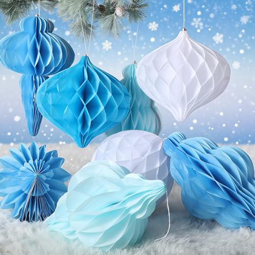 Watersay 10 Pcs Jumbo 10-14 Inch Christmas Honeycomb Paper Ornaments Hanging Xmas Honeycomb Balls Reusable Vintage Christmas Paper Lantern for Holiday Indoor Tree Party Decor (Blue Colors)