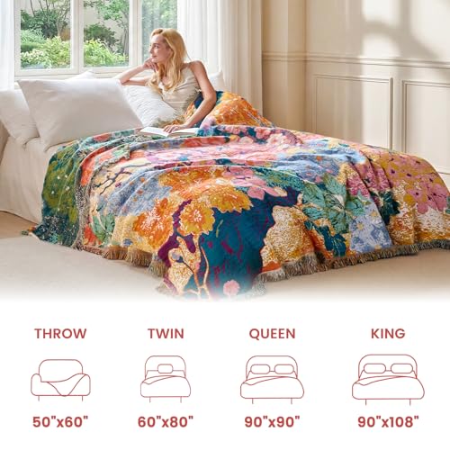 Image of MSGKV Boho Throw Blanket 50 inchx60 inch Cotton Floral Blanket for Couch & Sofa
