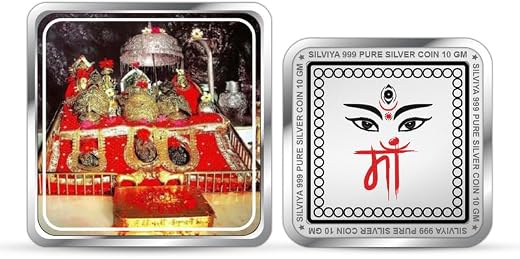 Silviya BIS Hallmarked 999 Pure Silver Mata Vaishno Devi Coin (10g, 20g, 50g, 100g) Square Shape - Divine Mother's Blessin...