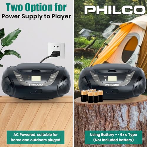 PHILCO Portable Bluetooth Boombox with CD Player | Compatible with MP3/WMA/CD-R/CD-RW | FM Radio | 3.5mm Aux Input | Stereo Sound | LED Display | AC/Battery Powered | Compact and Easy-to-Use - Thumbnail 7