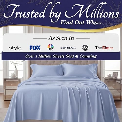 Image of DECOLURE 100% Viscose Derived from Bamboo Sheets California King Size - Luxury 4 Pc Naturally Cooling Sheets, Ultra Soft Bed Set - Deep 17 inch Pockets, Double Stitching, Oeko Tex Standard (Light Blue)