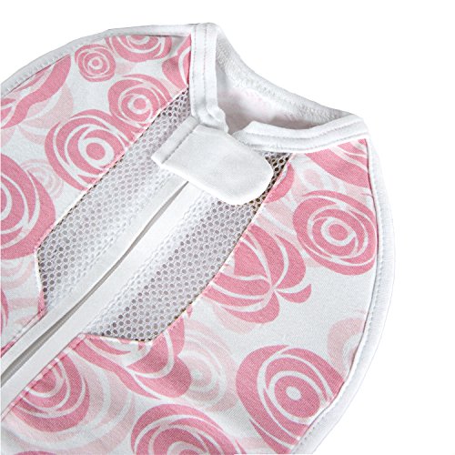 Image of Woombie Air Vented Baby Swaddling Blanket I Soothing, Cotton Baby Swaddle I Wearable Baby Blanket, Pink /White Roses, 14-19 lbs