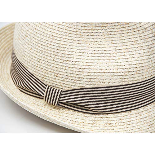 Jendi Women Straw Fedora Sun Hat Foldable Packable Panama Beach Hat For Summer Uv Protection Upf50+ Adjustable (Ivory Heather-Stripe) #TOP2