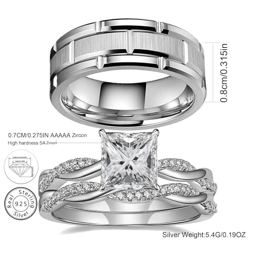 Couple Rings White Gold Plated 925 Sterling Silver Ring Square 1CT AAAAA CZ Women Wedding Ring Sets Men Titanium Steel Ring4