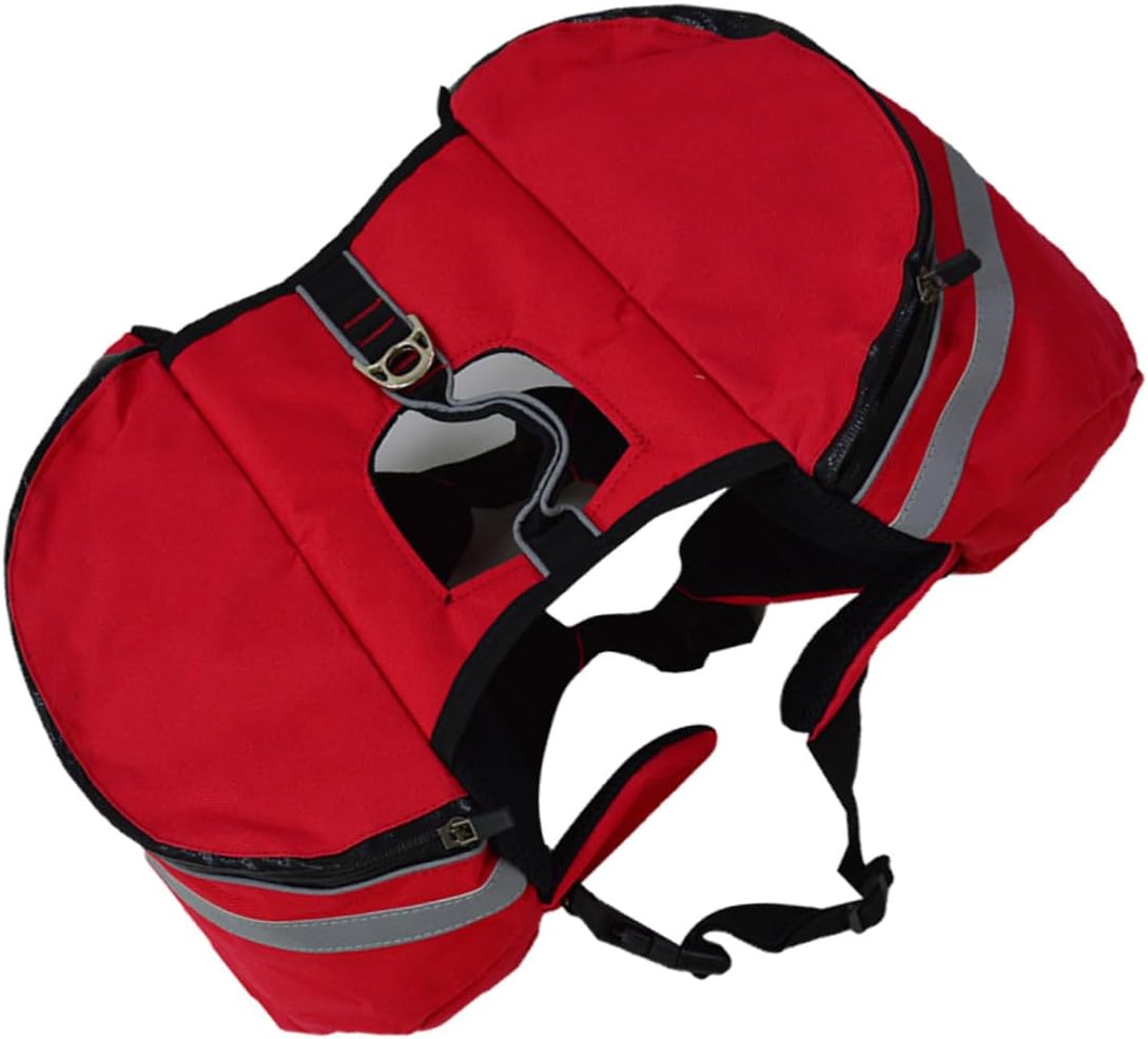 Portable Dog Backpack Harness for Hiking with Oxford Material Side Pockets for Snacks and Supplies Rear Leash Hook Reflective Safety Band Breathable Red Saddlebag for Outdoor