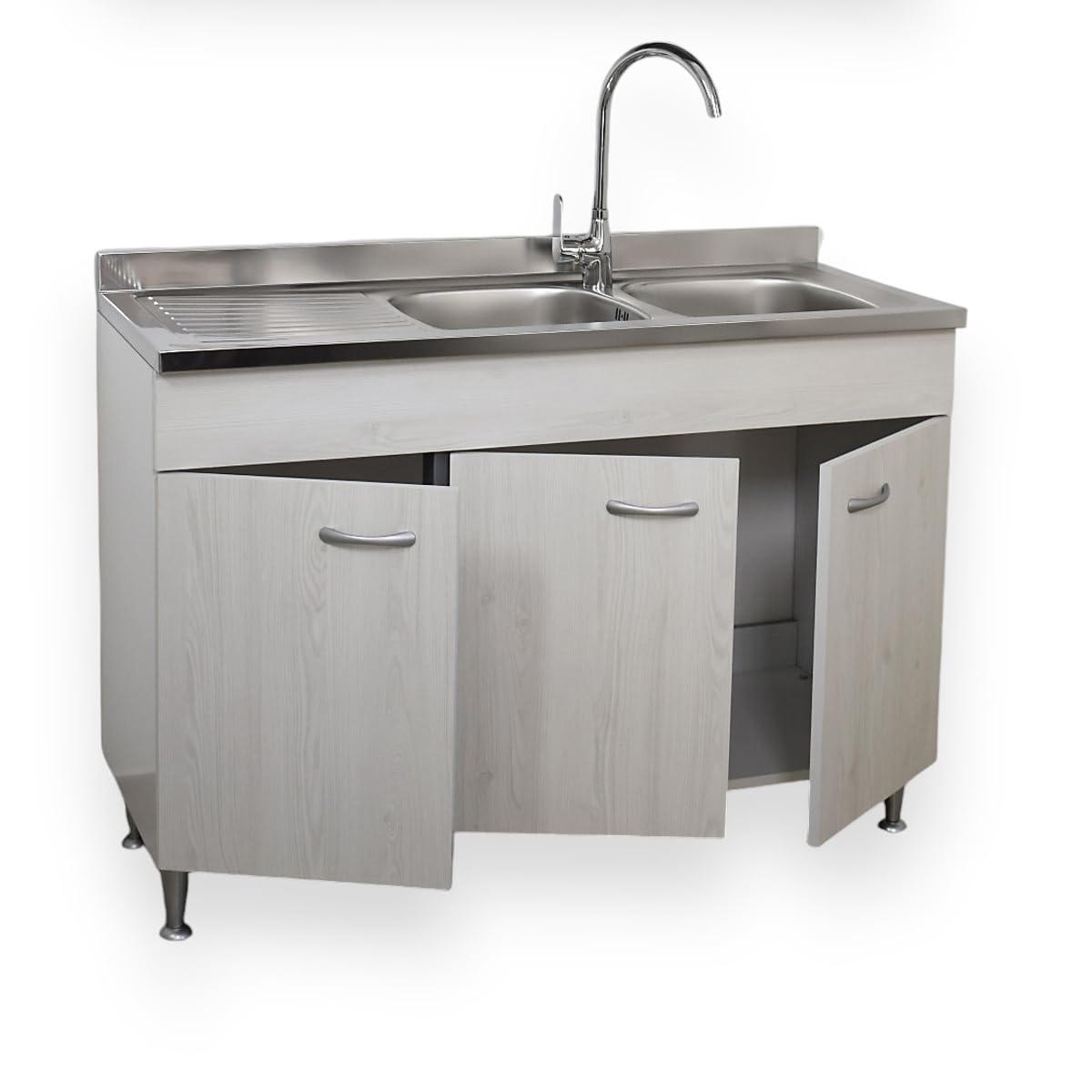 Yellowshop - Mobile cucina sottolavello a 3 ante cm 120 effetto legno frassino moire componibile con lavello inox e scolapiatti Basic (Sottolavello con lavello piano Sx)