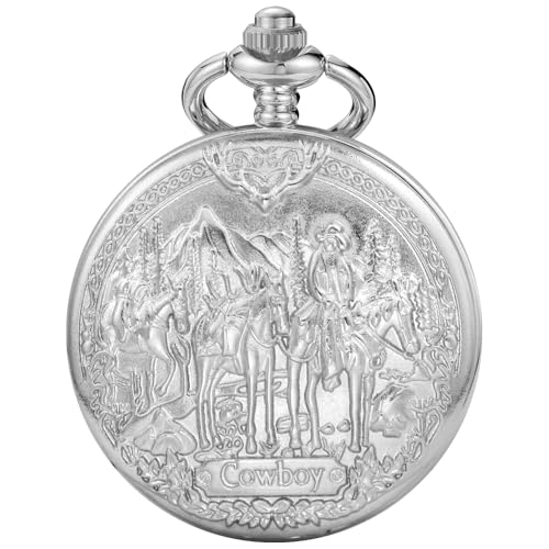Image of Tiong Vintage Pocket Watch Engraved Cowboy Skull Wolf 3D Pattern Arabic Numerals Quartz Pocket Watch with Chain Best Gifts