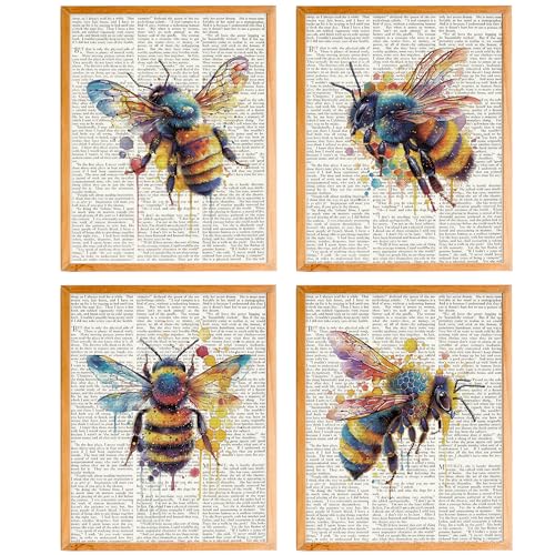 Image of BearCake Vintage Bee Wall Art Set of 4, Bee Wall Decor, Farmhouse Honey Bee Bumblebee Wall Decor Poster Prints for Rustic Home Kitchen Bathroom Farm, 8x10 Inches