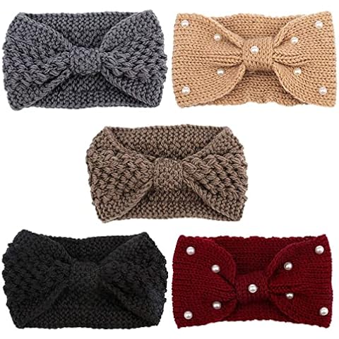 Casoty 5 Pcs Ear Warmer Headband for Women Pearl Headbands Stretch Winter Headbands Warm Knitted Headbands Headbands for Girls Hair Accessories for Women Cover