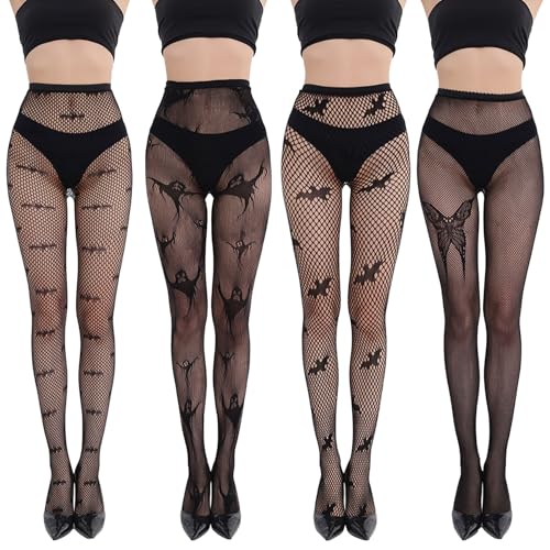 Risipu 4 Pairs Fishnet Tights for Women Halloween Fishnet Stockings High Waisted Fishnets Pantyhose Sexy Ladies Spider Bat Love Mesh Tights for Party Holiday (One Size Bats)