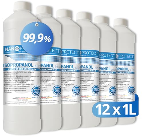 Nanoprotect Isopropanol 99,9% | 12 x 1 Liter Reiniger | Hochprozentiger Isopropylalkohol | IPA Reinigungsalkohol für Haushalt und Elektronik | Made in Germany