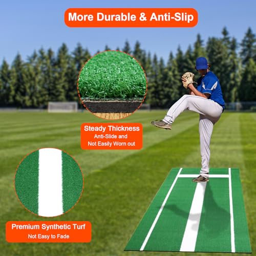 GABTRUK Softball Pitching Mat, 10x3 ft Softball Pitching Mound with Antislip Foam Bottom& Rubber Mound, Baseball Pitching Turf Training Mat for Practice Softball and Baseball Pitch Equipment (Green)