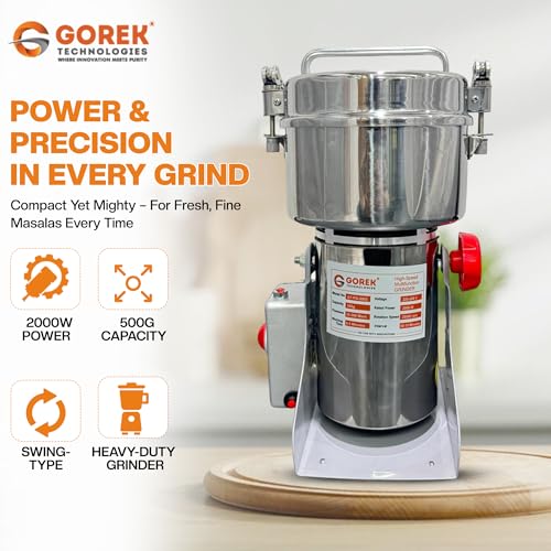 Image of Gorek Technologies Masala Grinding Machine - 1000g Capacity | 2800W High-Speed Stainless Steel Dry Grinder for Grains Herbs Masala Seeds Home & Commercial Use | Portable Spice Grinder (GT-PG-1000S)