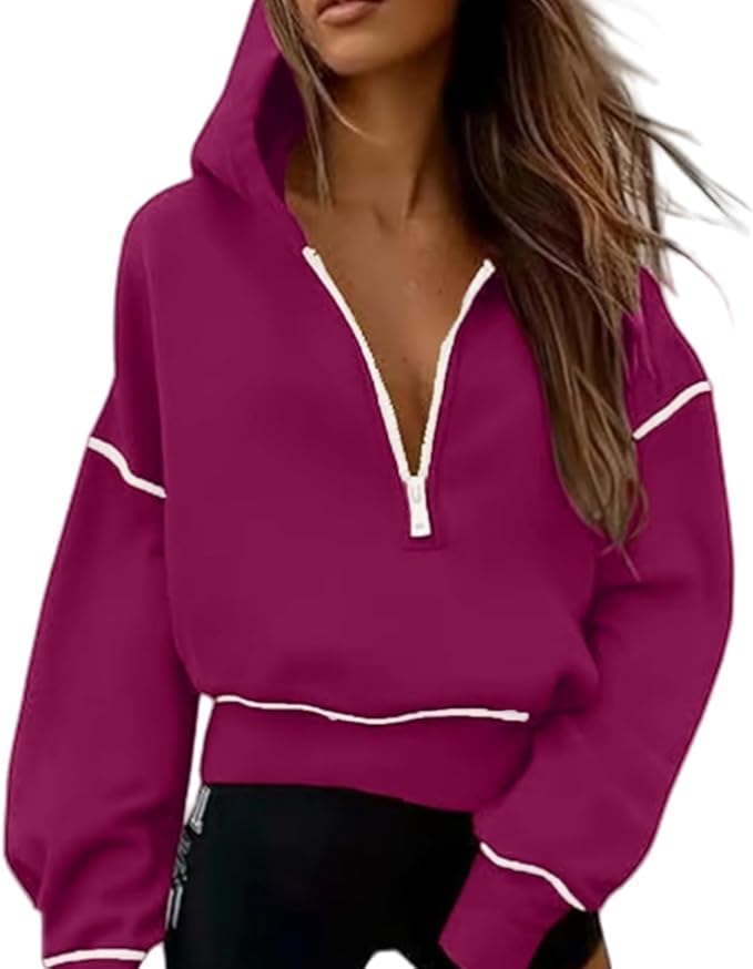 Half Zip Cropped Hoodies Pullover Women Casual Long Sleeve Zipper Hooded Sweatshirts Color Block Cute Sweatshirt