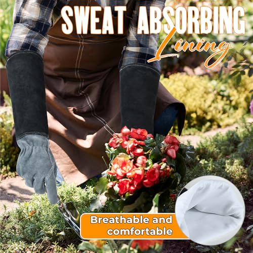 image for HANDLANDY Long Gardening Gloves for Men & Women, Cowhide Leather Rose 