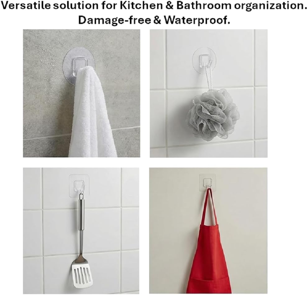 6-Pack Reusable Adhesive Hooks, Clear Wall Hangers for Kitchen & Bathroom, Waterproof Transparent Sticky Hooks for Hanging Loofahs, Keys, Holiday Decor (Max 0.55lbs)