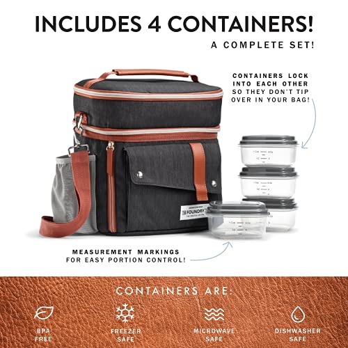 Foundry By Fit + Fresh, Wickenden Dual-Compartment Insulated Lunch Bag For Men & Women, Includes Four Meal Prep Containers, Adult Lunch Box & Insulated Cooler, Perfect For Work, Beach & More, Black #TOP4