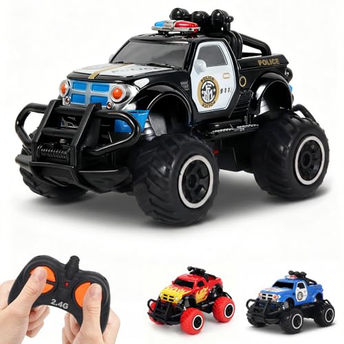 Pup Go polisbil fjärrstyrd med ljus för barn 3–9 år, robust polisbil leksak småbarn, mini RC bil monstertruck offroad inomhus utomhus, jul födelsedagspresent pojke, svart