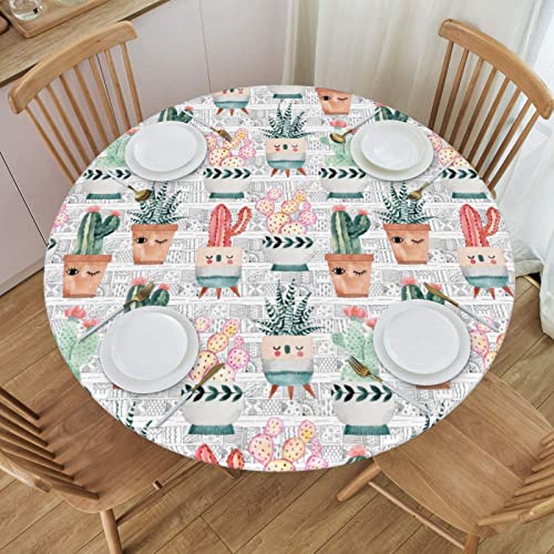 Cute Cactus Elastic Edged Round Fitted Table Cloth Cover, Waterproof Wrinkle Free Round Tablecloth, Home Decorative Tablecloth For Indoor Outdoor Kitchen Party, Fits 45"-50" Tables #TOP3