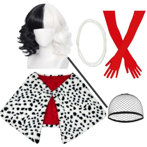 ATAYOU 6 Stück Damen Fasching Halloween Cosplay Kostüm Set mit kurze schwarze und weiße Perücke