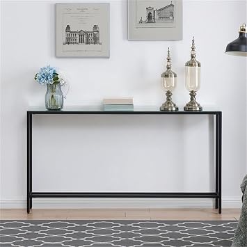 MAKLAINE 56 Engineered Wood Console Table, Beveled Glass Top, Powder-Coated Black Finish, Slim Profile for Entryway or Behind Sofa Use
