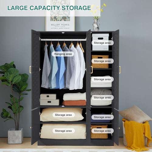 LEVNARY Black Wardrobe Closet with 6 Woven Doors, Large Armoire Wardrobe Cabinet with Adjustable Shelves and Hanging Rail, Freestanding Tall Bedroom Closet for Clothes (Black) - Thumbnail 4